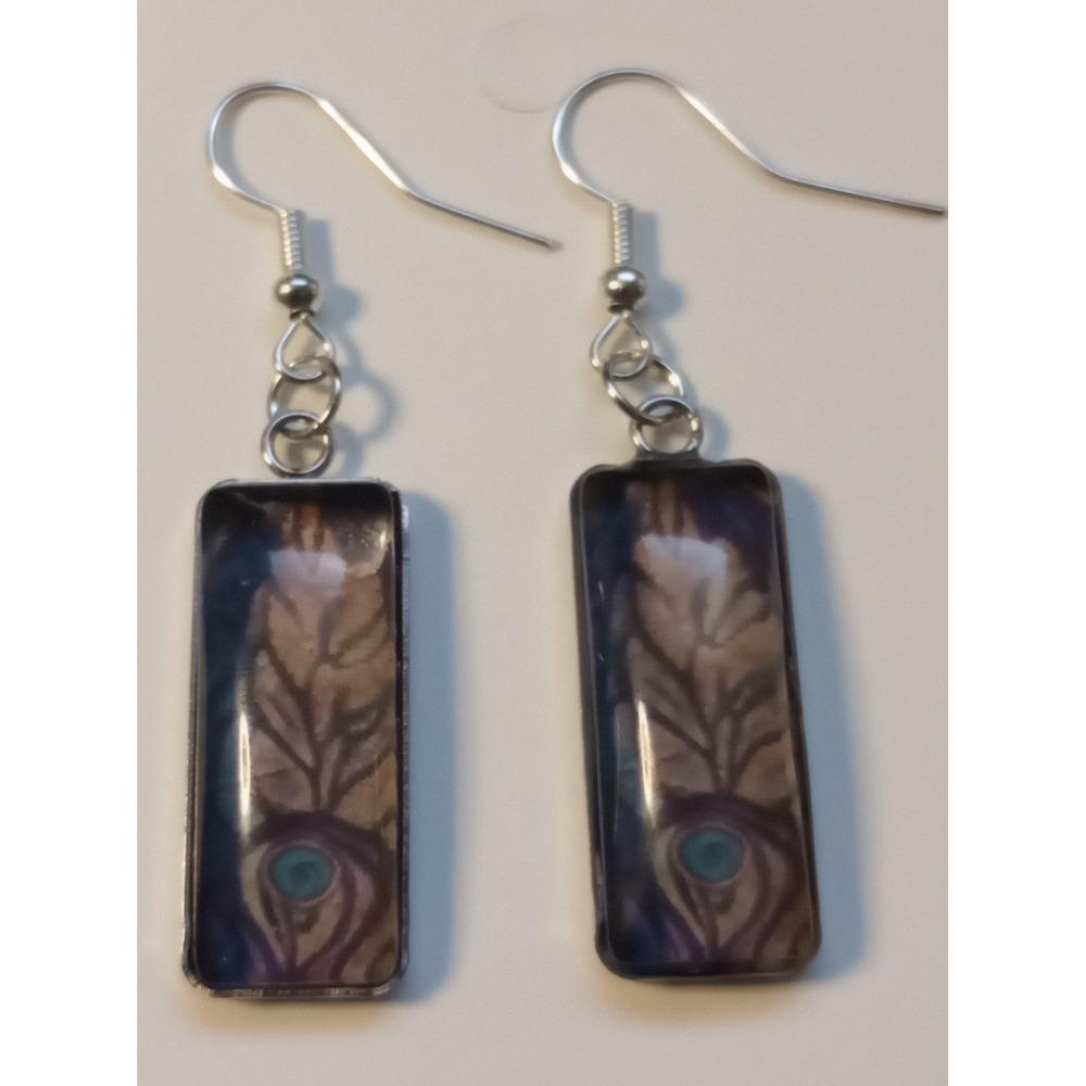 Boho Peacock Feather Eye Resin Dangle Earrings Silver Tone Rectangular...